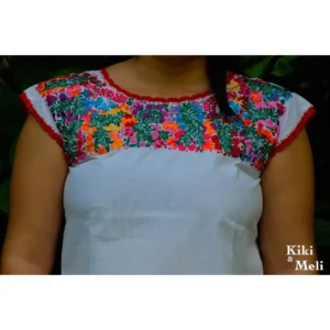 Blusa San Antonino blanca sin manga con bordado multicolor