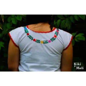Blusa San Antonino blanca sin manga con bordado multicolor