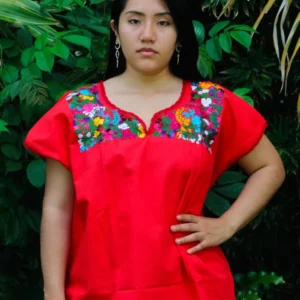 Blusa San Antonino sin manga roja con bordado multicolor