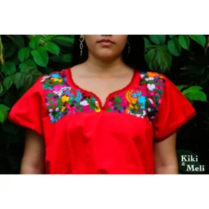 Blusa San Antonino sin manga roja con bordado multicolor