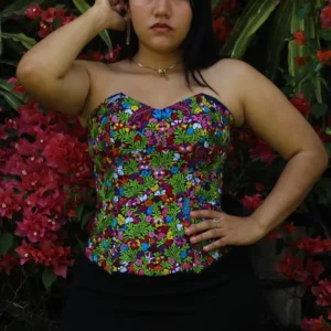 Crop Top - Corset bordado San Antonino azul con bordado multicolor