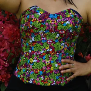 Crop Top - Corset bordado San Antonino azul con bordado multicolor