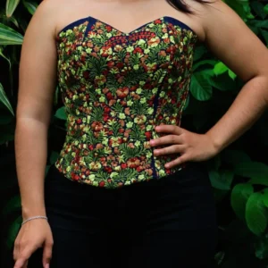 Crop Top - Corset bordado San Antonino azul con bordado multicolor
