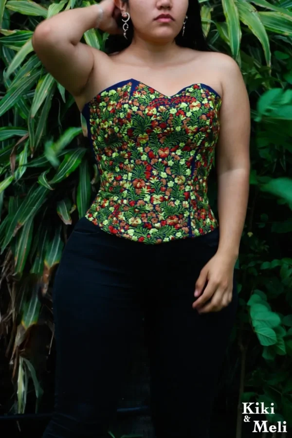 Crop Top - Corset bordado San Antonino azul con bordado multicolor