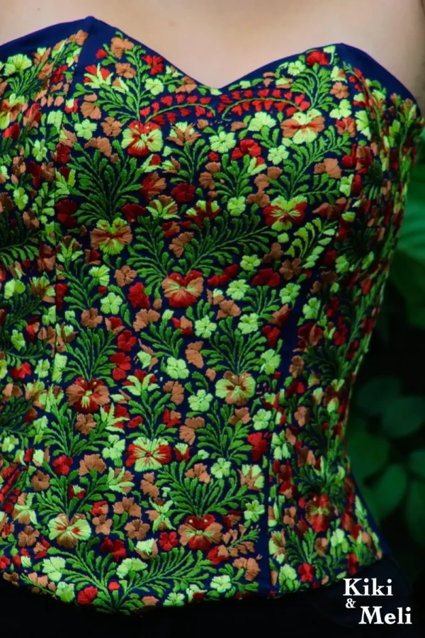 Crop Top - Corset bordado San Antonino azul con bordado multicolor