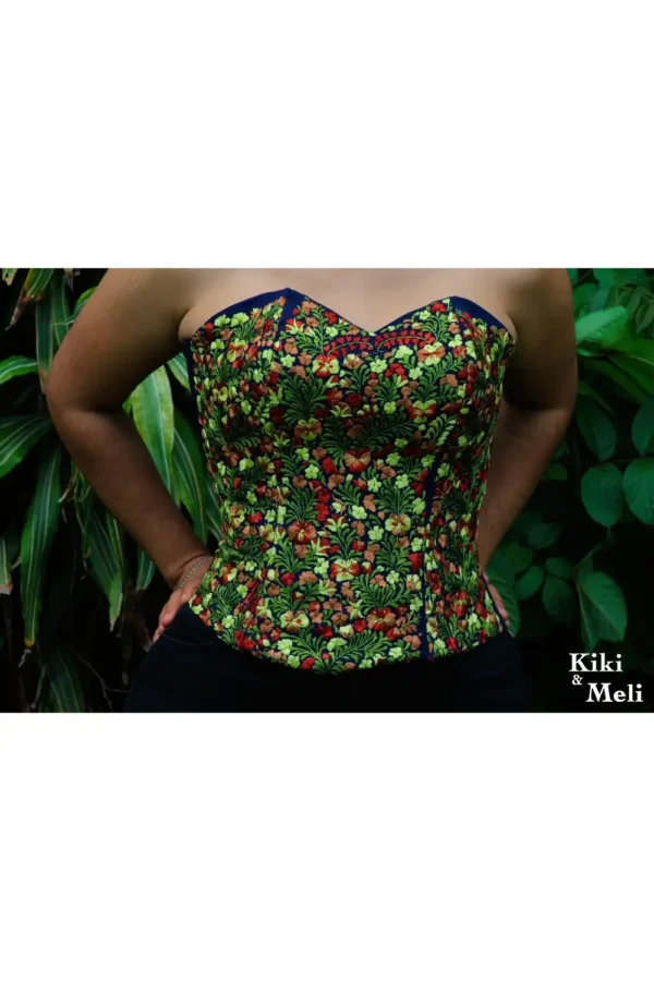 Crop Top - Corset bordado San Antonino azul con bordado multicolor
