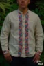 Guayabera de lino San Antonino beige con bordado multicolor
