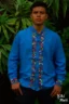 Guayabera de lino San Antonino azul con bordado multicolor