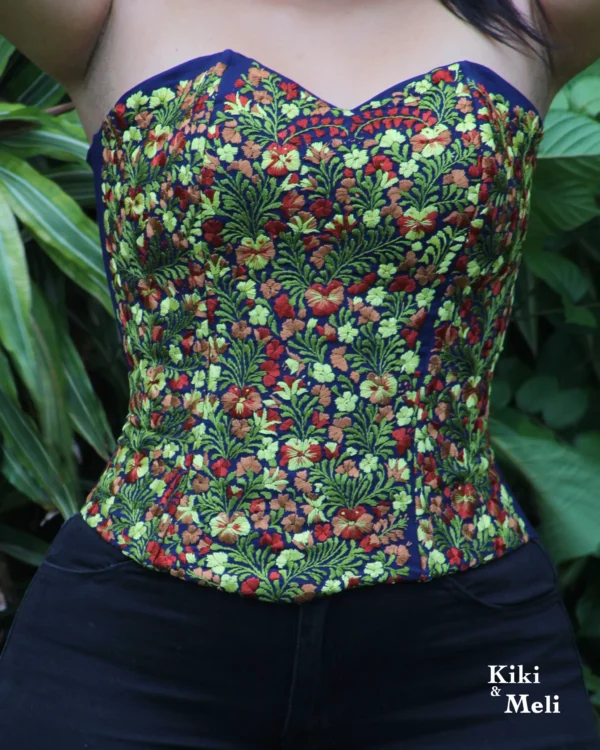 LS010-CORSET-BORDADO-SANANTONINO (3) Crop Top - Corset bordado San Antonino azul con bordado multicolor