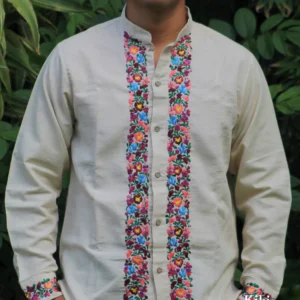 LS011-GUAYABERA-BORDADA-SANANTONINO (1) Guayabera de lino San Antonino beige con bordado multicolor