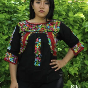 Blusa bordada San Antonino negra con bordado multicolor