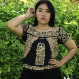 Blusa bordada San Antonino negra con bordado dorado