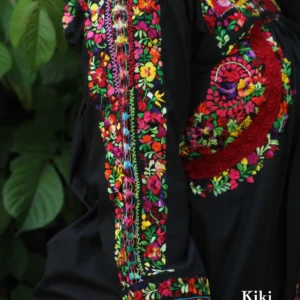 Vestido San Antonino obra de colección, negro con bordado multicolor