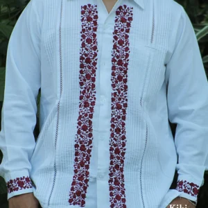 Guayabera San Antonino, lino blanco con bordado color vino